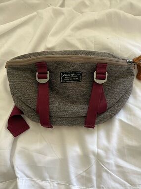 Eddie Bauer Gray Waist Day Pack w/ Burgundy Straps Fanny Bag Sling Bag Pockets